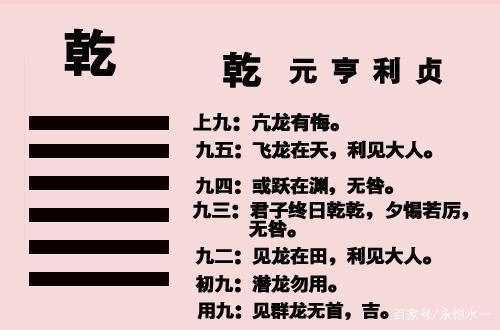 先来看乾卦的卦象以及卦辞爻辞的原文,如下图所示: 乾卦一共由六个阳